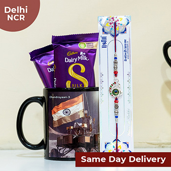 Silver Peacock Rakhi with Chandrayaan 3 Mug Same Day Delivery In Delhi NCR