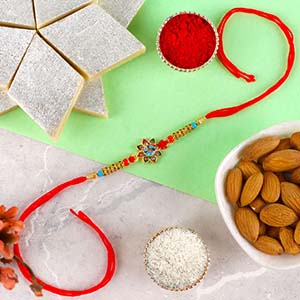 Multicolour Diamond Beads Rakhi with Kaju Katli & Almond - Flower Rakhi to UK