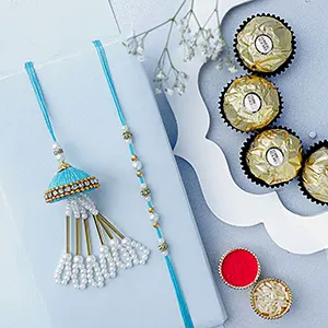 Tranquil Teal Jhumar Lumba Pearl Rakhi Set N Ferrero Indulgence