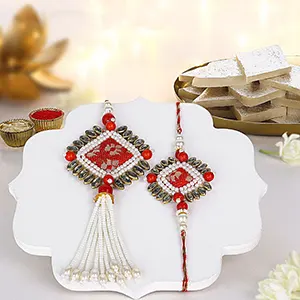 Bandhani Bhaiya Bhabhi Rakhi Set N Kaju Roll Delight