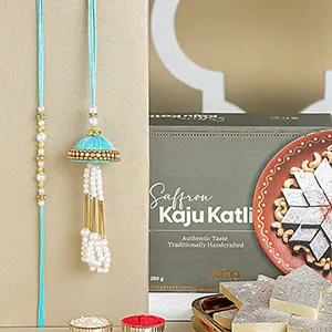 Tranquil Teal Jhumar Bhaiya Bhabhi Pearl Rakhi Set N Kaju Katli Delight