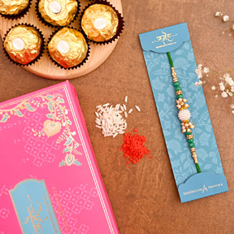Green Pearl Beads Designer Rakhi And 3 Pcs Ferrero Rocher