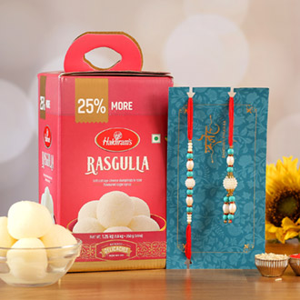 Blue Pearl Lumba Rakhi Set And Rasgulla