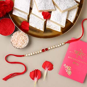 Sneh White and Red Bead Rakhi with Kaju Katli Singapore - Rakhi with Pooja Thali to Singapore