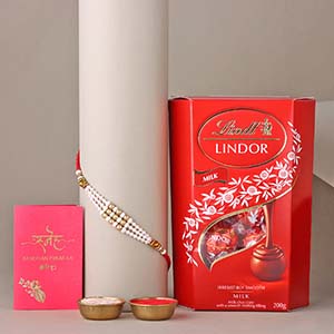 Sneh White Pearl Bead Rakhi and Lindt Lindor Chocolate Box Singapore - Rakhi with Greeting Card to Singapore