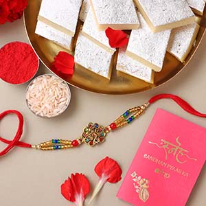 Sneh Designer Peacock Rakhi with Kaju Katli Singapore - Rakhi with Personalised Gifts to Singapore