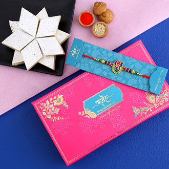 Multicoloured Lord Ganesha Rakhi And Kaju Katli