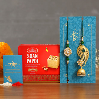 Peacock Feather Jhumki Lumba Rakhi Set With Soan Papdi