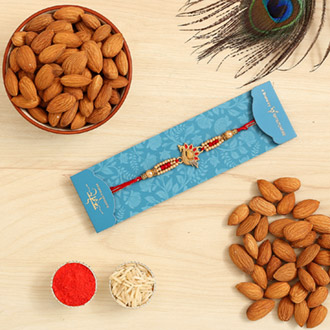 Red Peacock Designer Rakhi And Healthy Almonds
