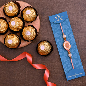 White Peach Stone Designer Rakhi And 3 Pcs Ferrero Rocher