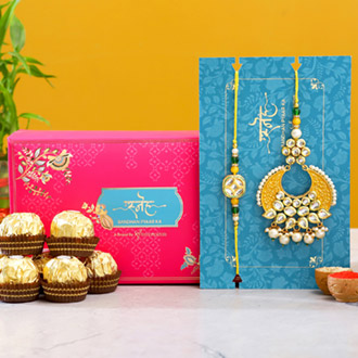 Yellow Crescent Shaped Lumba Rakhi Set With 3 Pcs Ferrero Rocher