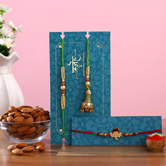 Green Lumba Rakhi Set & Kids Rakhi With Almonds