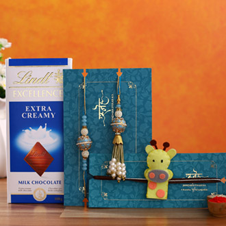 Blue Orb Lumba Rakhi Set & Giraffe Rakhi With Lindt