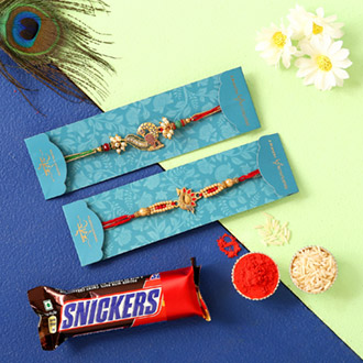 2 Peacock Rakhis & Snickers Chocolate Combo