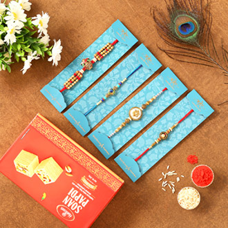 Set Of 4 Designer Rakhis & Soan Papdi Combo