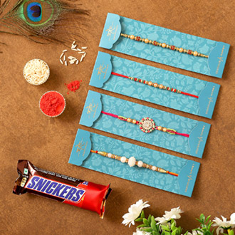 Set Of 4 Ethnic Rakhis & Snickers Chocolate Combo