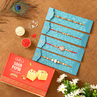 Set Of 3 Ethnic Rakhis & Soan Papdi Combo