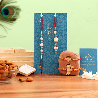 Blue Lumba Rakhi Set & 2 Kids Rakhis With Almonds