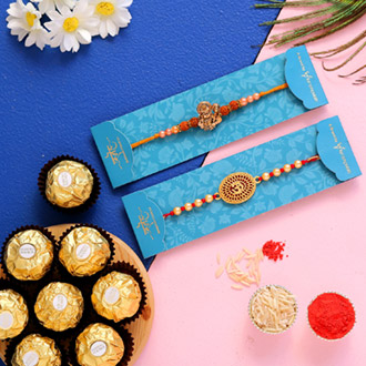 Hanuman Rudraksha & Om Rakhi With 5 Pcs Ferrero Rocher