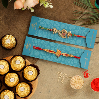 Set Of 2 Peacock Rakhis & 5 Pcs Ferrero Rocher
