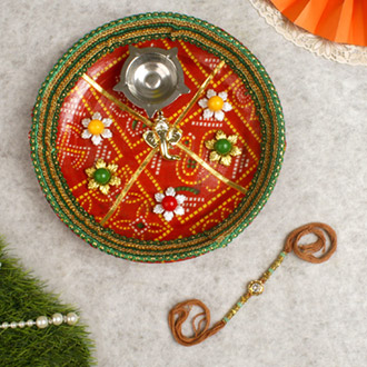 Stunning Crystal Golden Beads Rakhi with Puja Thali For UK
