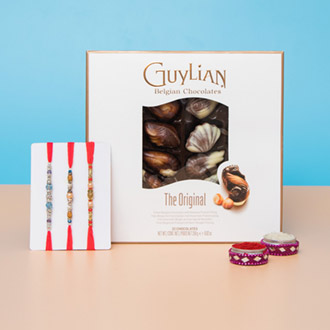 Dazzling Three Designer Rakhi Set with Belgian Chocolate For UK