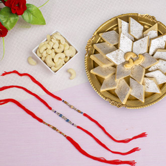 Sizzling Three Rakhi Set with Kaju Katli SweetFor UK