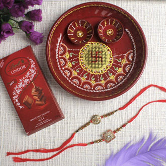 Ethnic Rakhi Set Trishul & Shree with Puja Thali Lindt Chocolate For UK