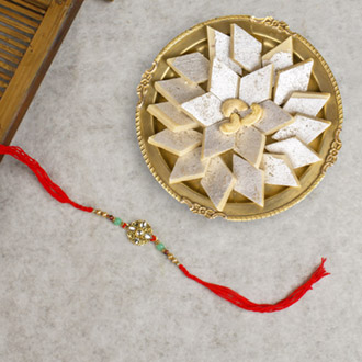 Kundan Diamond Beads Rakhi with Kaju Katli For UK