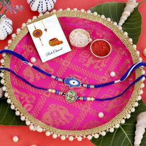 Hamsa Palm Hand Rakhi set with Puja Thali