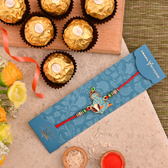 Spiritual Bal Krishna Kids Rakhi And 3 Pcs Ferrero Rocher