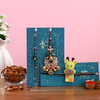 Peacock Lumba Rakhi Set & Kids Rakhi With Almonds