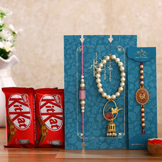 Caged Bird Lumba Rakhi Set & Om Rakhi With Kitkat