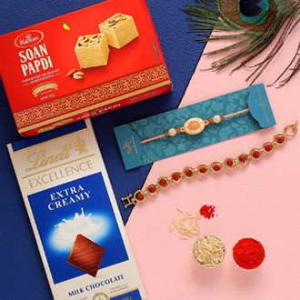 Rudraksha & Peach Stone Rakhis With Lindt Chocolate