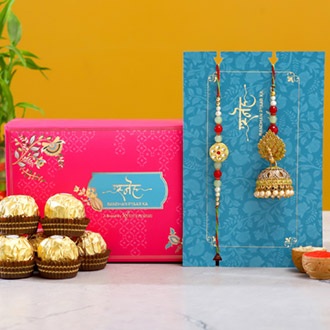 Dancing Peacock Jhumki Lumba Rakhi Set With 3 Pcs Ferrero Rocher