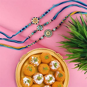 Blue Designer Set of 3 Rakhi with Motichoor