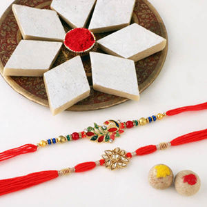 Kaju Katli with Floral and Peacock Rakhi to USA - Rakhi to Chicago
