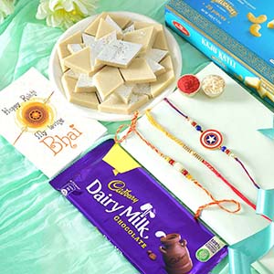 Rakhi Pair and Kids Rakhi and Cadbury with Kaju Katli