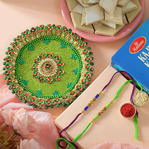 Kaju Katli Thali Rakhi Combo - Rakhi with Pooja Thali to USA