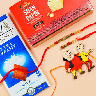 Beautiful Bhaiya Bhabhi & Kids Set Of 3 Rakhis With Lindt Chocolate & Soan Papdi