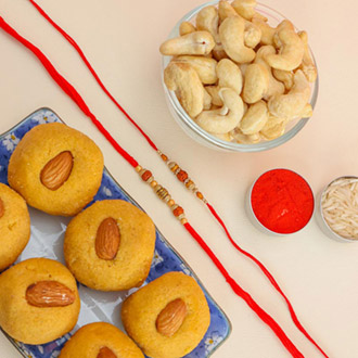 Rudraksh Set of 2 Rakhis With Besan Laddoo & Cashews