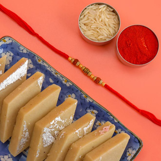 Rudraksh Antique Rakhi With Kaju Katli to Australia