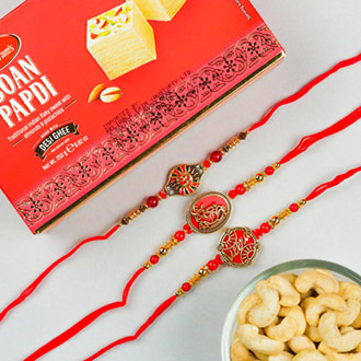 Veera, Om & Ganesha Set Of 3 Rakhis With Soan Papdi & Dryfruits - Send Rakhi to Australia