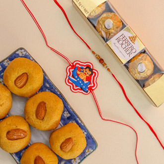 Rudraksh & Kids Set of 2 Rakhis With Besan Laddoo & Ferrero Rocher