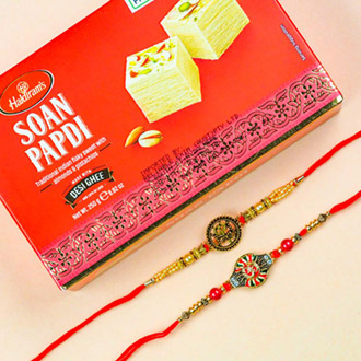 Om & Trishul Set of 2 Rakhis With Soan Papdi Australia
