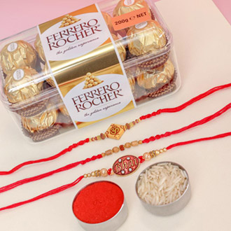 Set of 3 Om, Bhai & Bead Rakhis With Ferrero Rocher