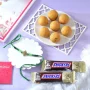 Luxury Metallic Rakhi Gift Combo with Besan Laddoo & Snickers