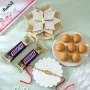 Golden Rakhi Gift Combo with Besan Laddu, Kaju Katli and Chocolates
