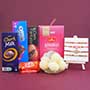 Set of Four Rakhis with Chocolates N Sweets Gift Pack