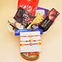 Three Golden Rakhis with Chocolates Gift Hamper